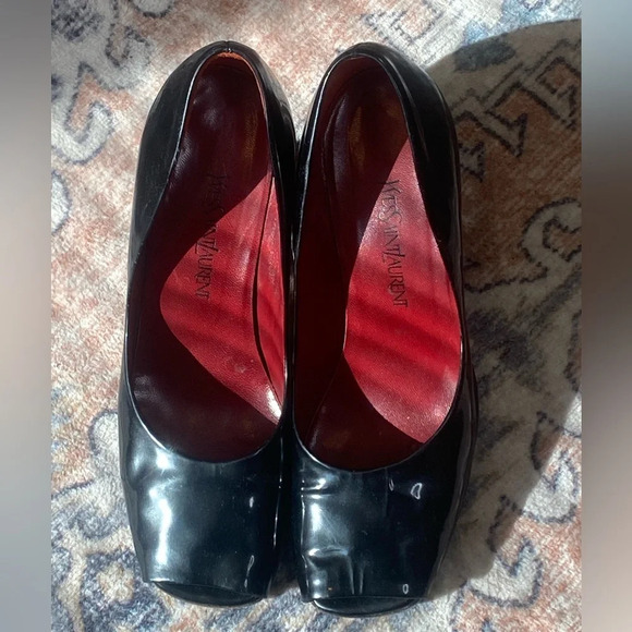 Vintage YVES SAINT LAURENT YSL Peep Toe Black Patent Leather High Heels Size 9.5 - Picture 3 of 16